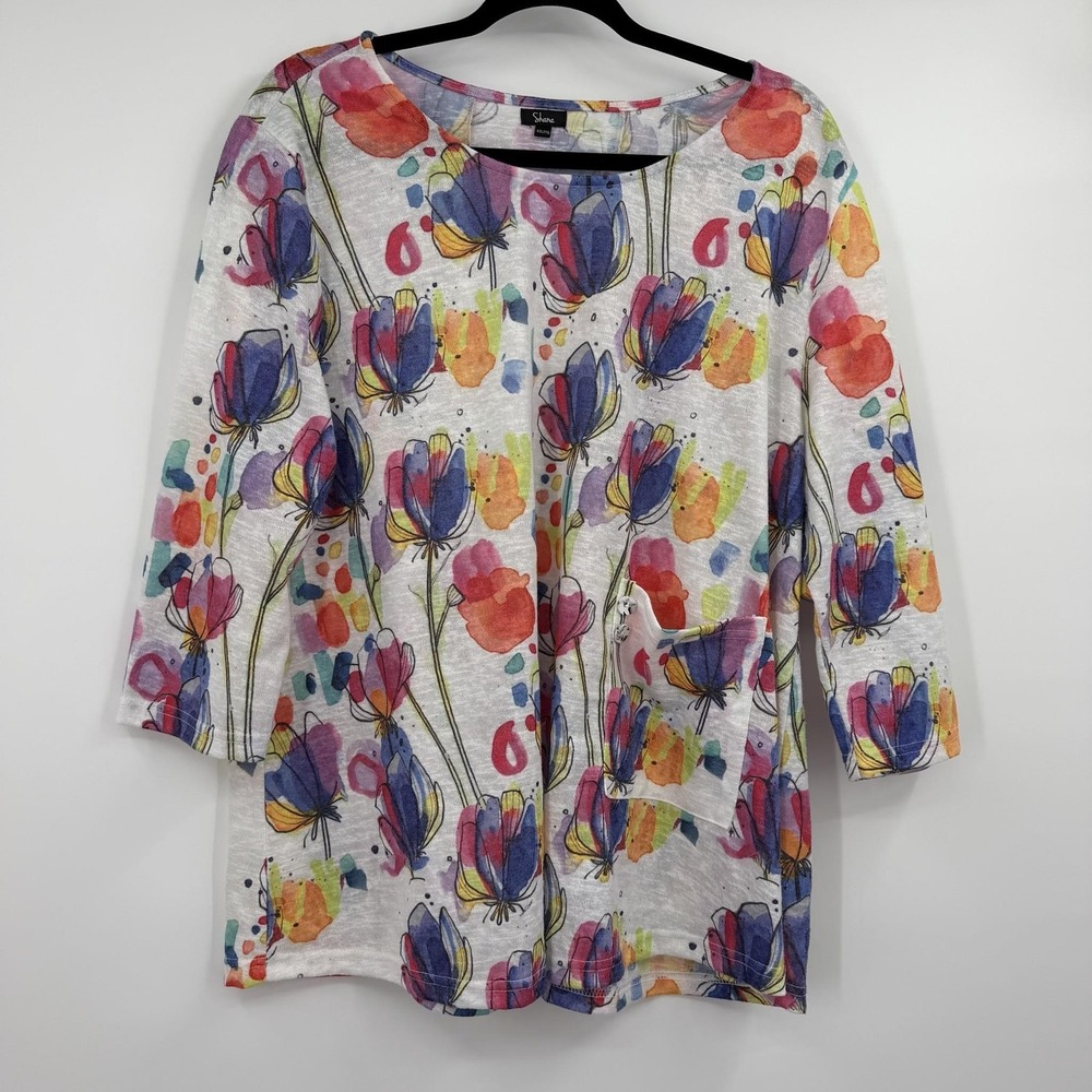 Shana Tunic Top Womens 2XL Multicolor Floral Art 3/4 Sleeve Pockets Rayon